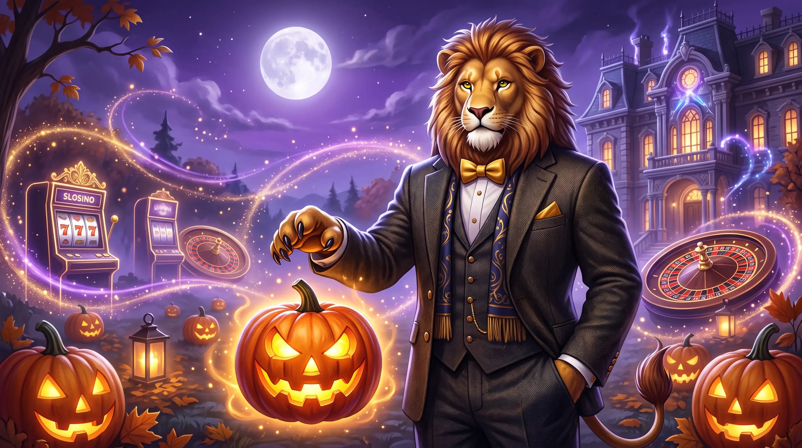 Leonardo the lion in a moonlit pumpkin-patch casino scene