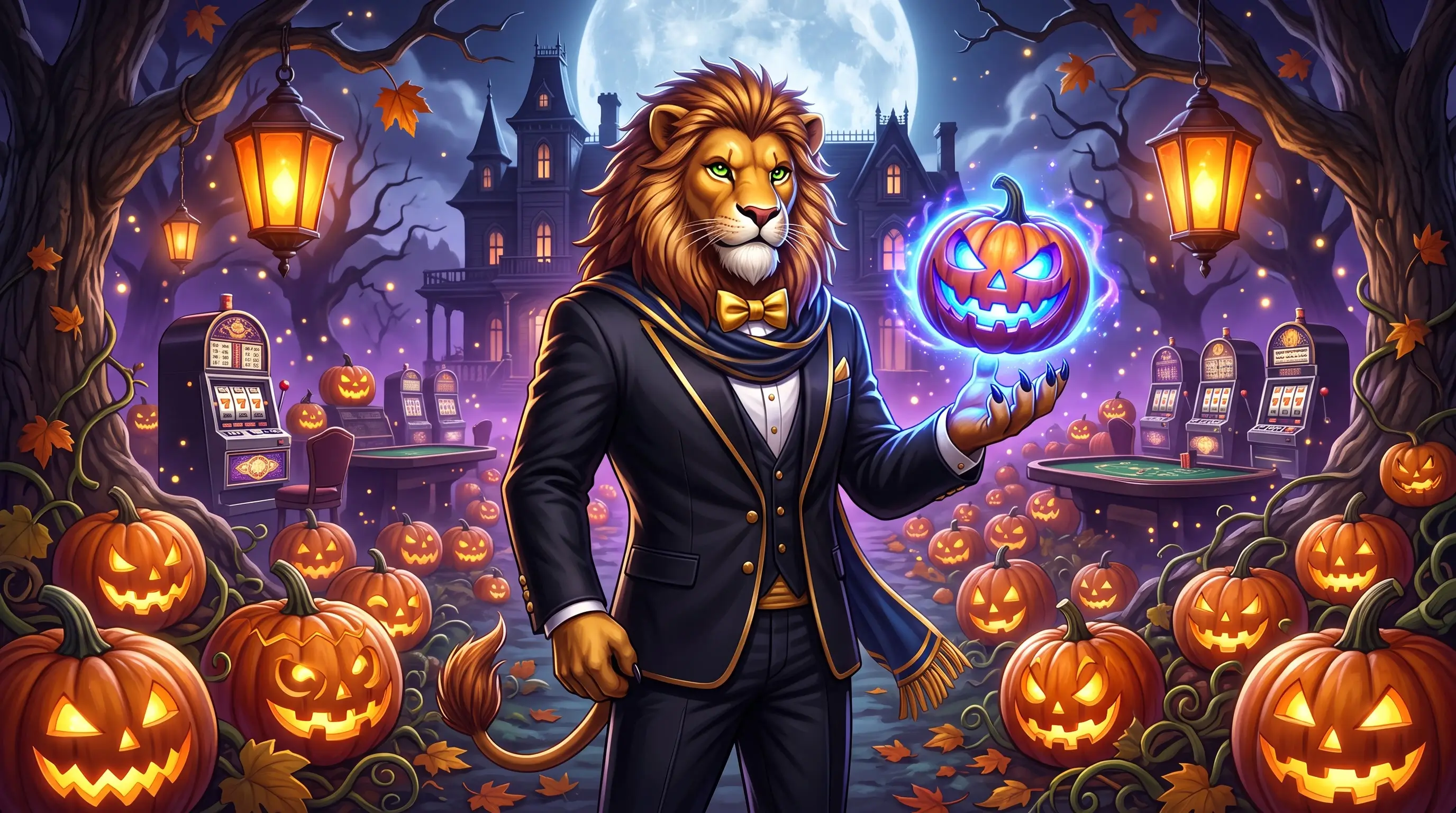 Leonardo the lion holding a carved pumpkin under Halloween lights